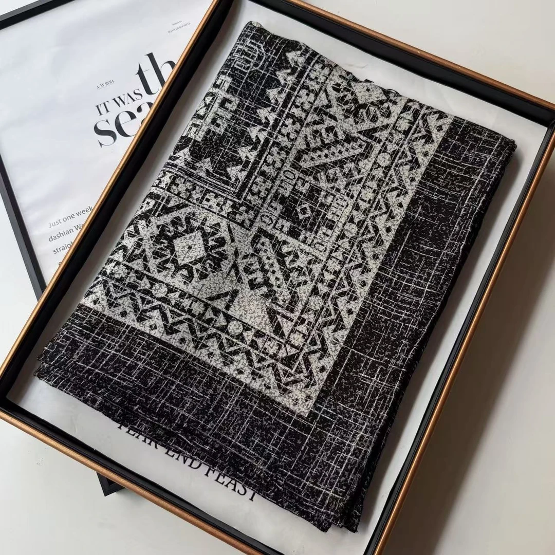 真丝羊毛双面黑灰波西米亚风135方巾女士丝巾围巾防晒披肩H296