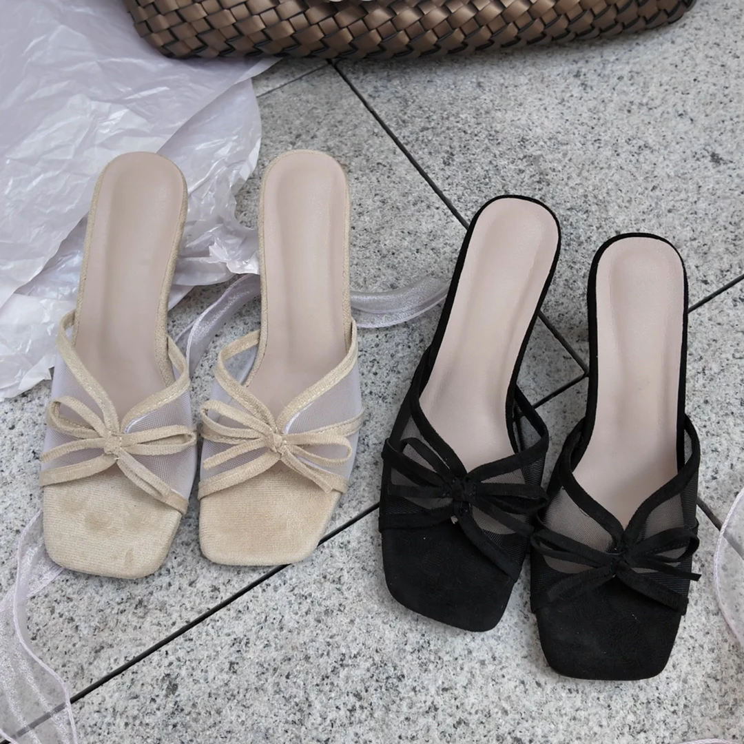 《职场野心家》中古风缪斯2.0网纱麂皮绒质感百搭高跟拖5cm