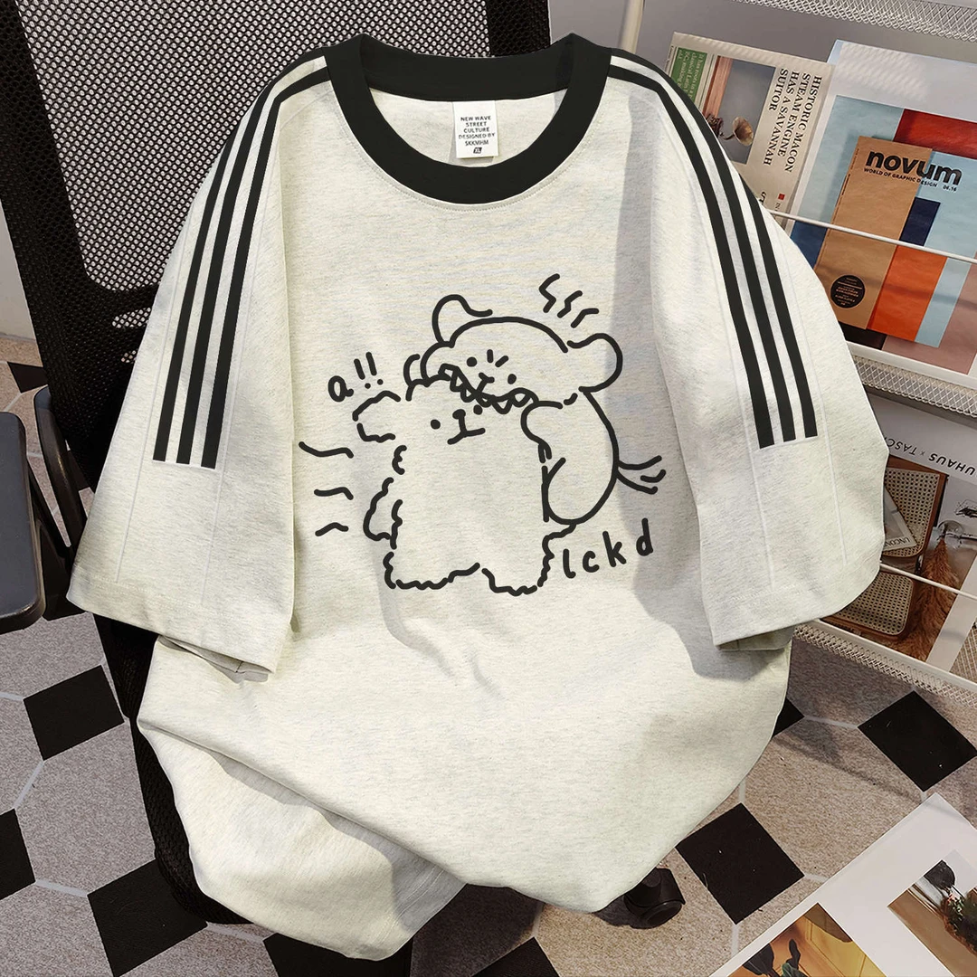 特大码300斤美式高街重磅纯棉三条杠短袖t恤女夏设计感宽松上衣服