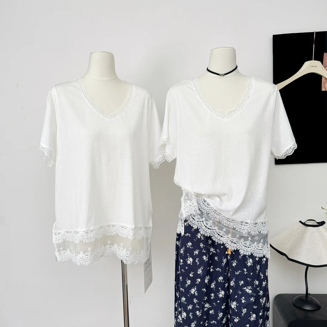 设计感小众白色蕾丝拼接T恤女夏宽松显瘦短袖V领T恤上衣
