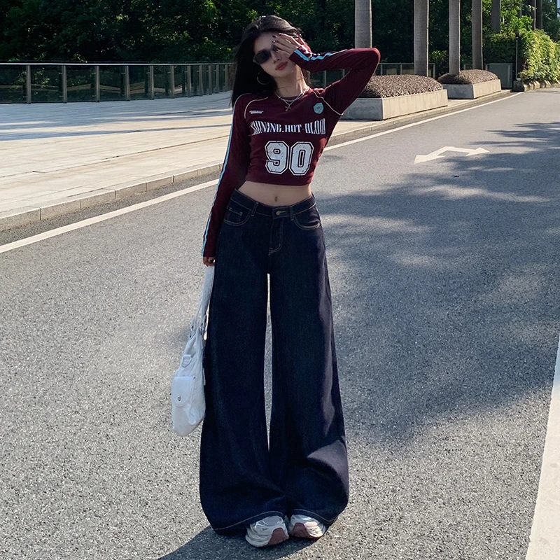 美式复古原牛不掉色高腰阔腿牛仔裤女春秋新款宽松显瘦垂感拖地裤