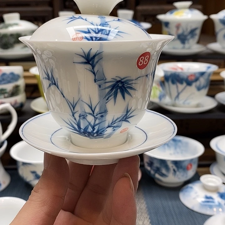 手绘微瑕竹子盖碗