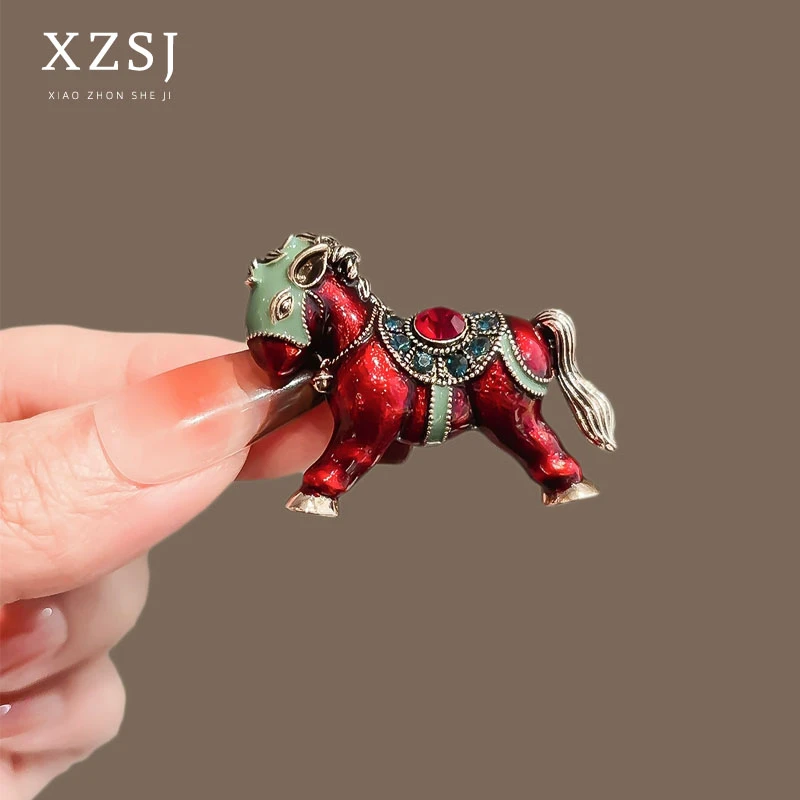铜珐琅胸针 新年红色本命年复古小马别针女高档国风时尚毛衣胸花