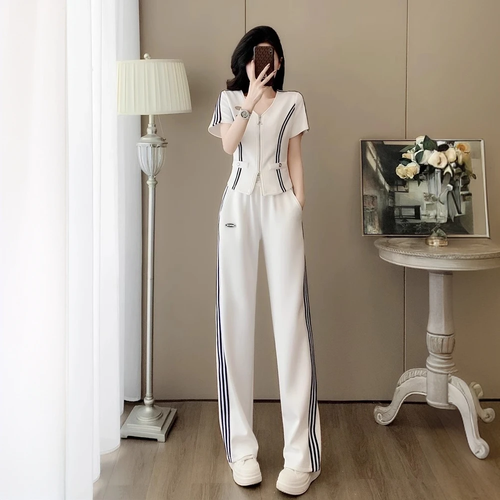 夏季休闲运动套装女高级感显瘦短袖上衣阔腿裤两件套