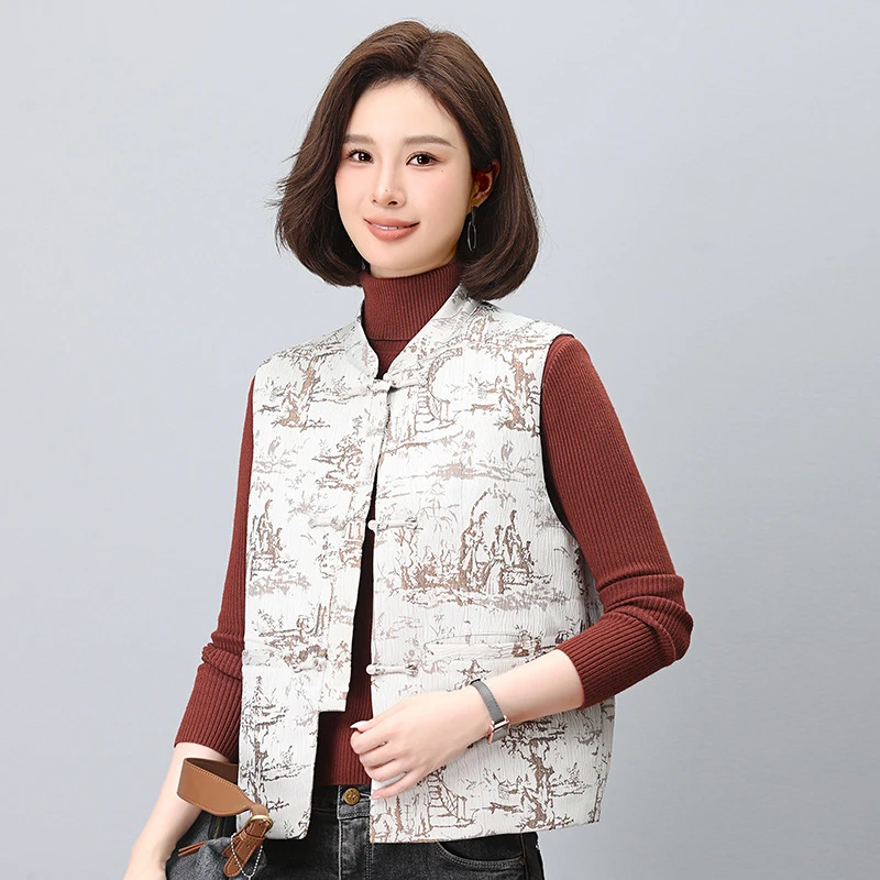 8006新中式羽绒马甲女2024新款冬季薄款短款妈妈时尚保暖马夹背心