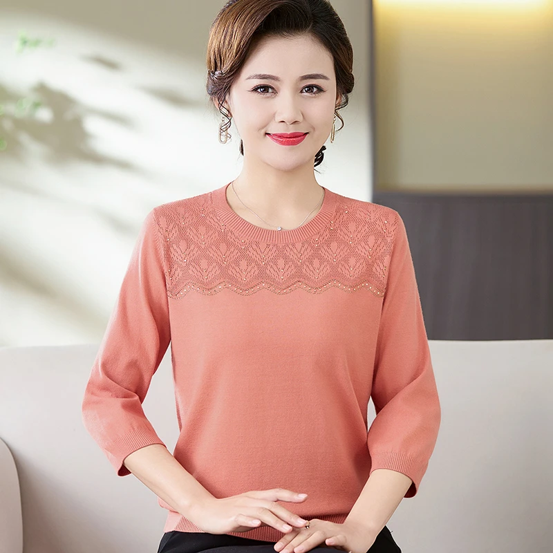妈妈春夏季时尚针织衫中袖上衣服2025春秋洋气中老年薄款打底衫女