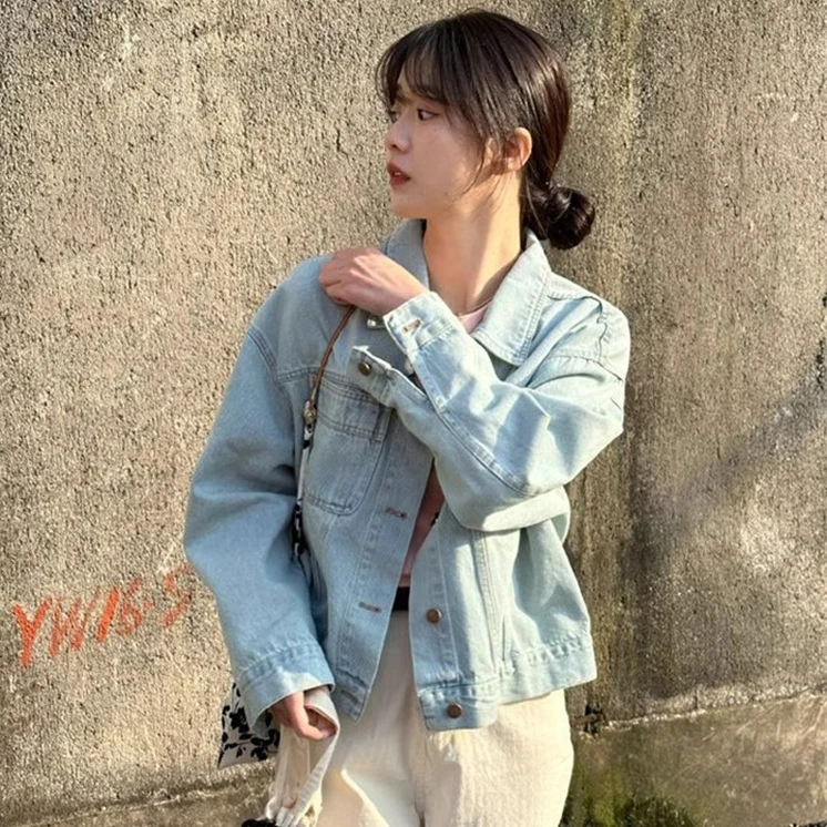 复古网红浅蓝色牛仔外套女2025春季新款韩系宽松夹克水洗短款上衣