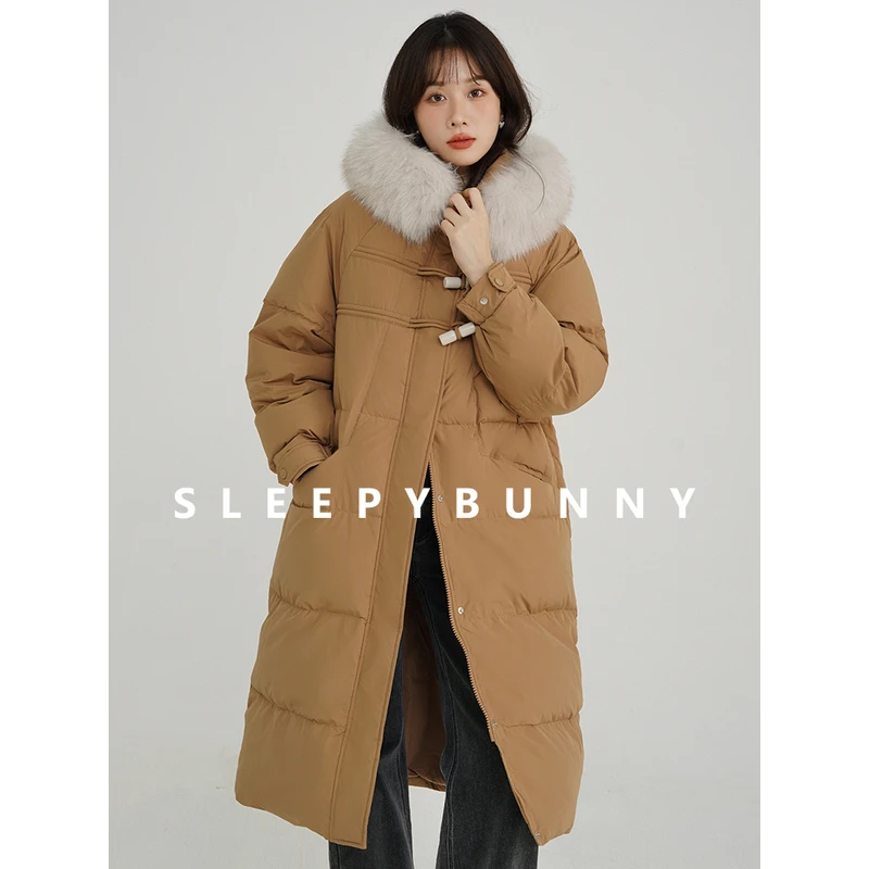 瞌睡兔真毛毛领长款羽绒服女冬过膝加厚保暖90白鸭绒防风中长外套