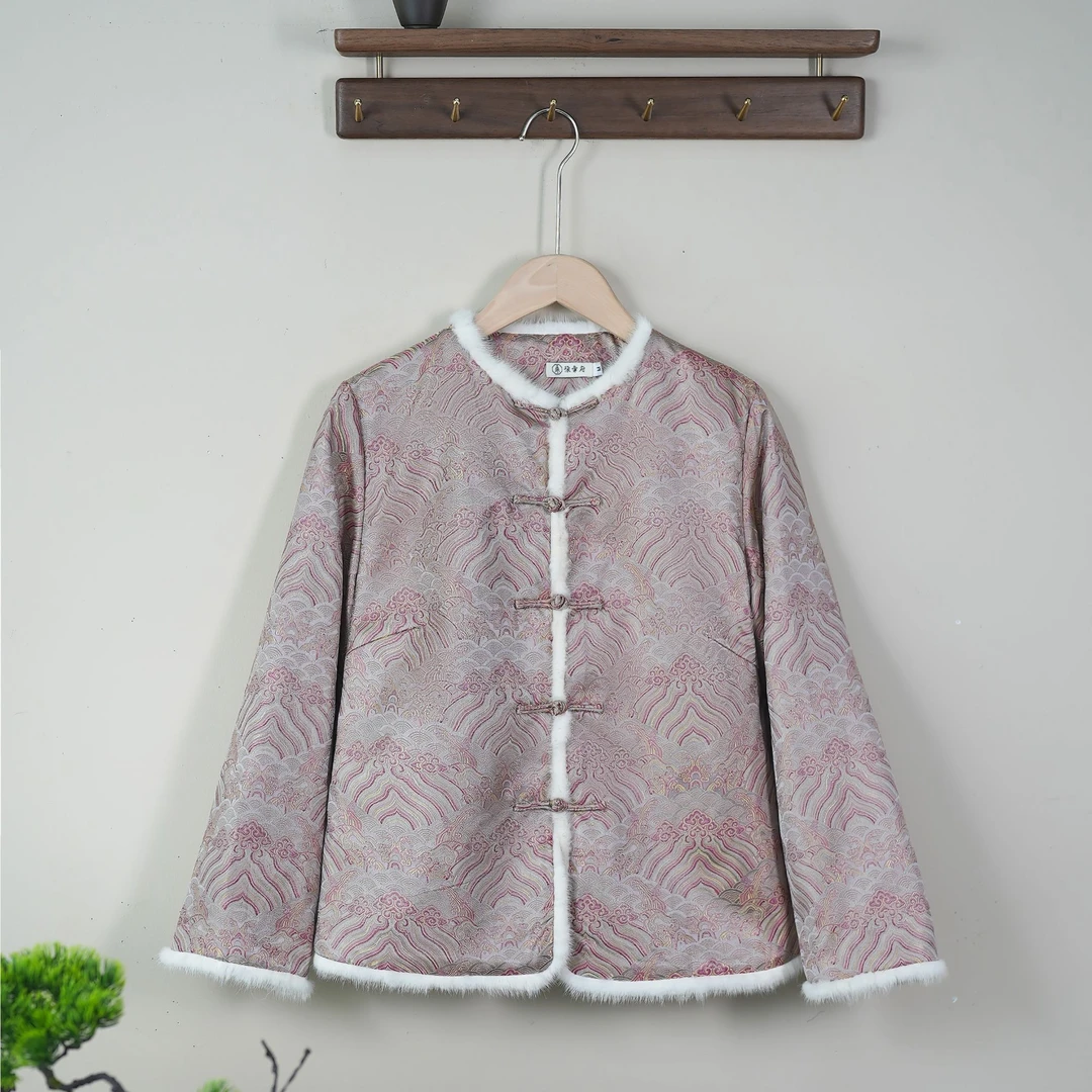 【红色海水纹】百分百宋锦高级感国风中式水貂毛棉服外套