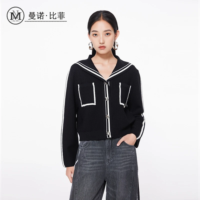 【小朱专享】学院风黑白条纹毛衣针织开衫MFBM112243