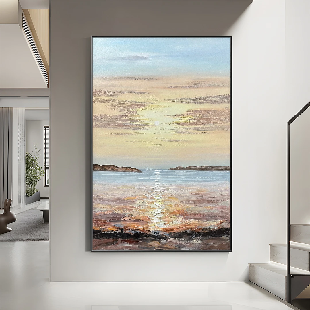原创款【旭日东升】纯手绘油画海景现代简约客厅玄关餐厅肌理装饰画