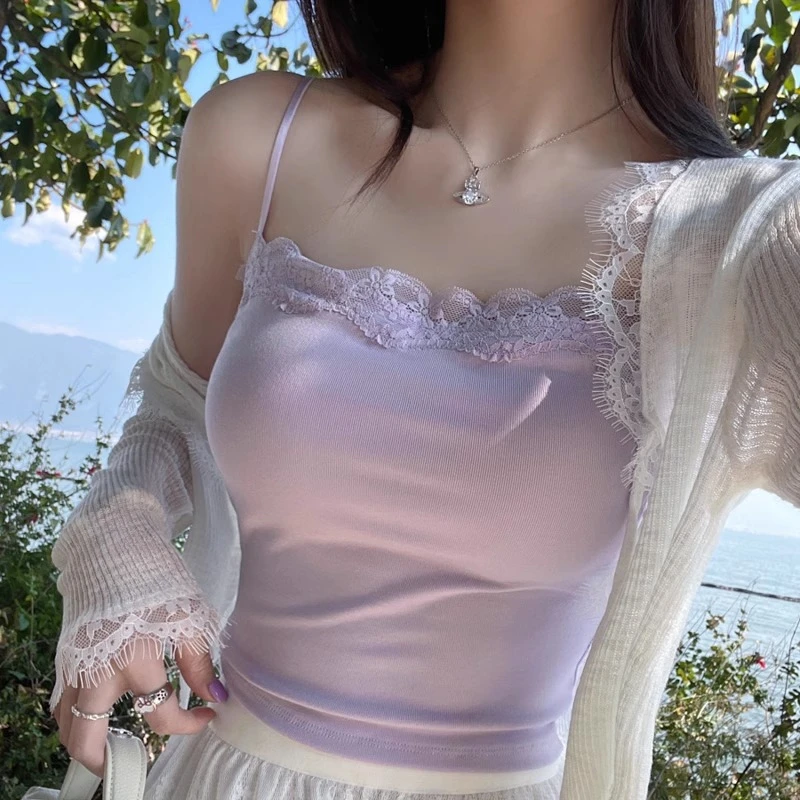 紫色蕾丝花边带胸垫吊带女内搭2025夏新款绝美背心打底上衣