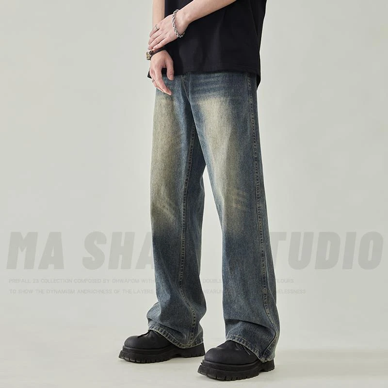 复古蓝加绒牛仔裤男秋冬款美式高街vibe裤子宽松阔腿直筒微喇长裤