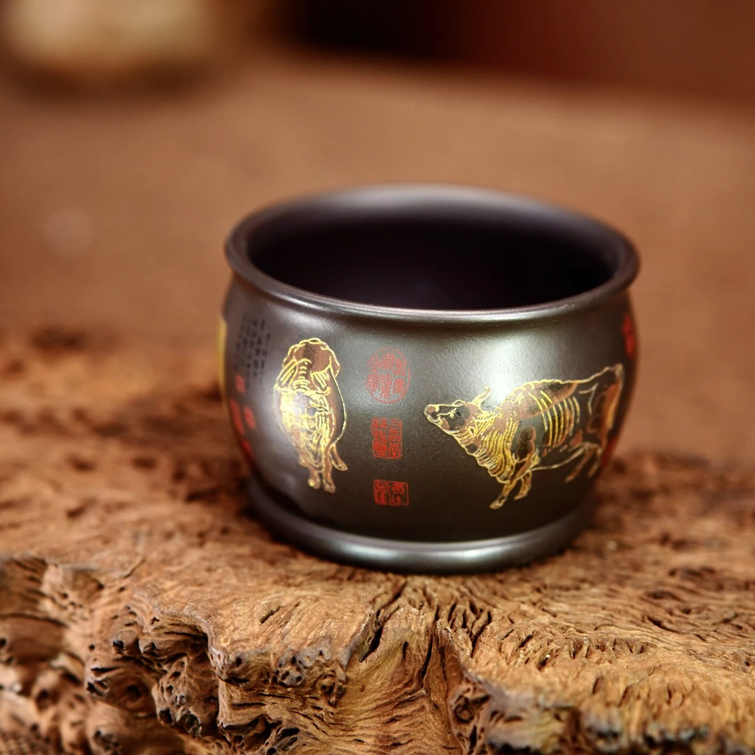 宜兴原矿紫砂 纯手工 茶具 主人杯 五牛图（中国十大传世名画之一）