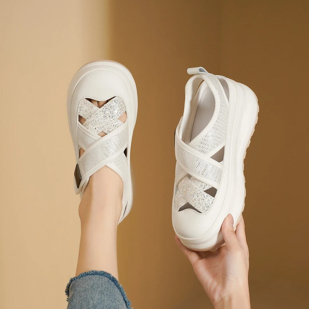夏季魔术贴透气薄款时尚休闲鞋镂空百搭女鞋时尚厚底蕾丝运动软底