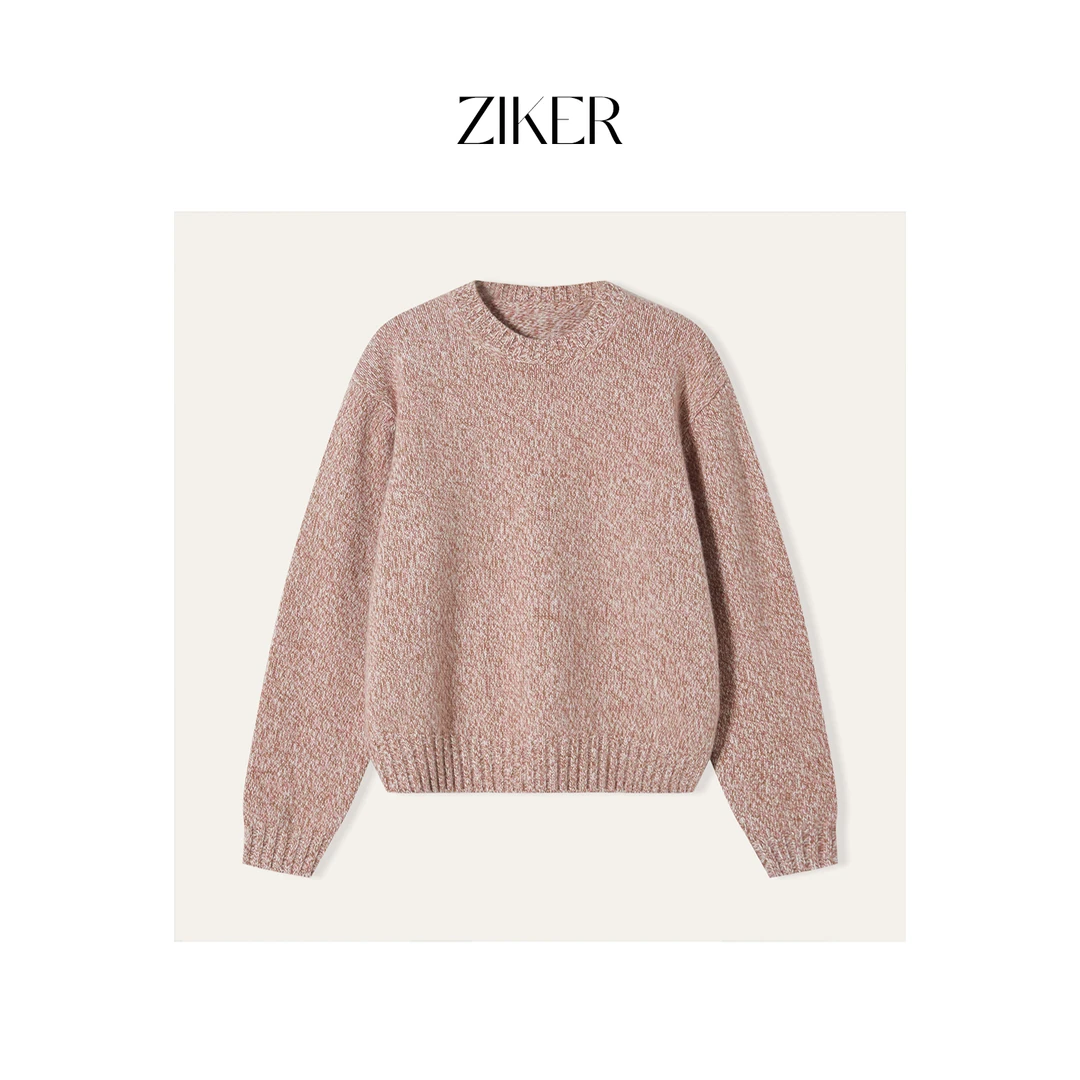 ZIKER｜“四色混纱”100%羊毛高奢花纱干枯玫瑰粉圆领长袖毛衣