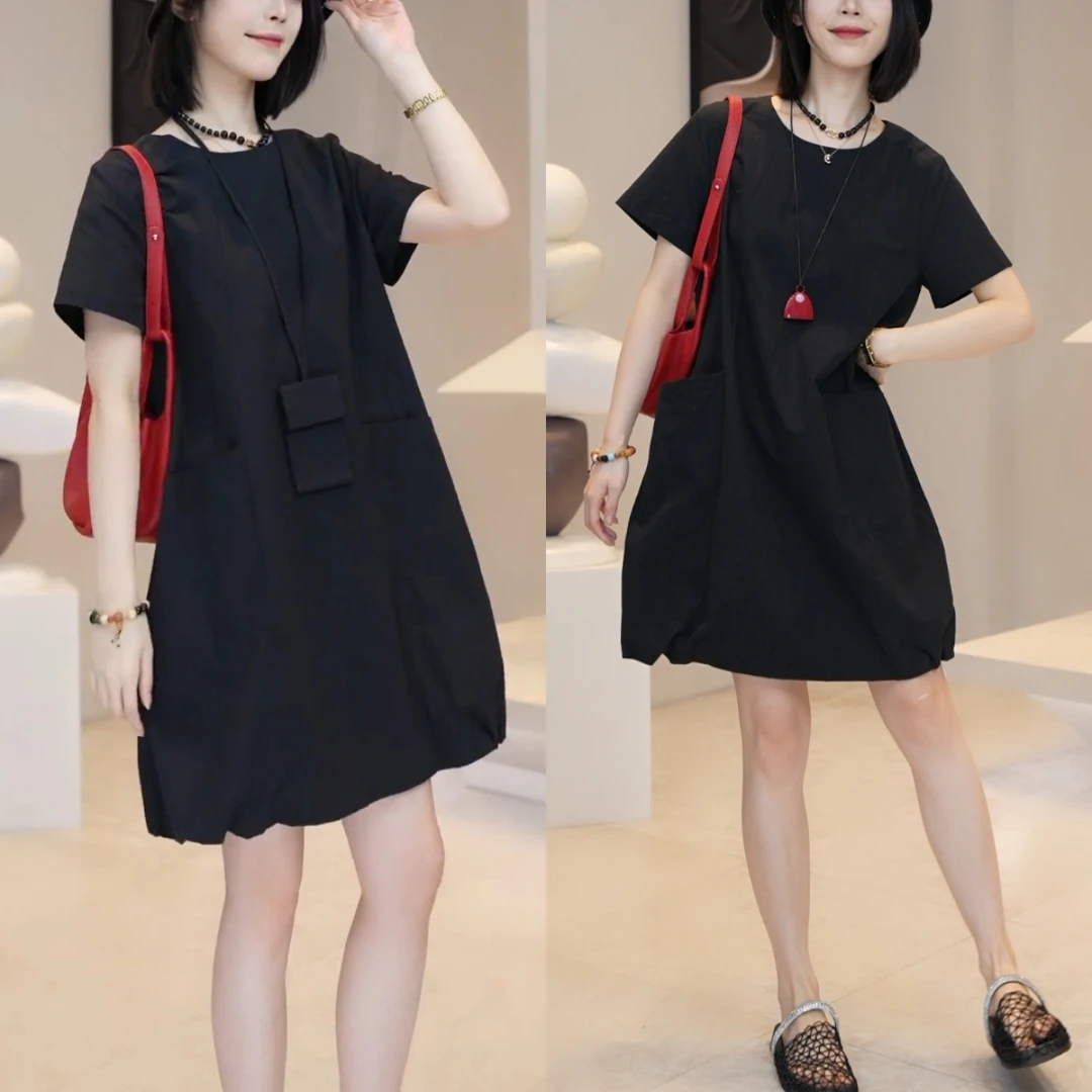 2025年夏季新款时尚小个子宽松显瘦简约纯色中长款休闲连衣裙子女