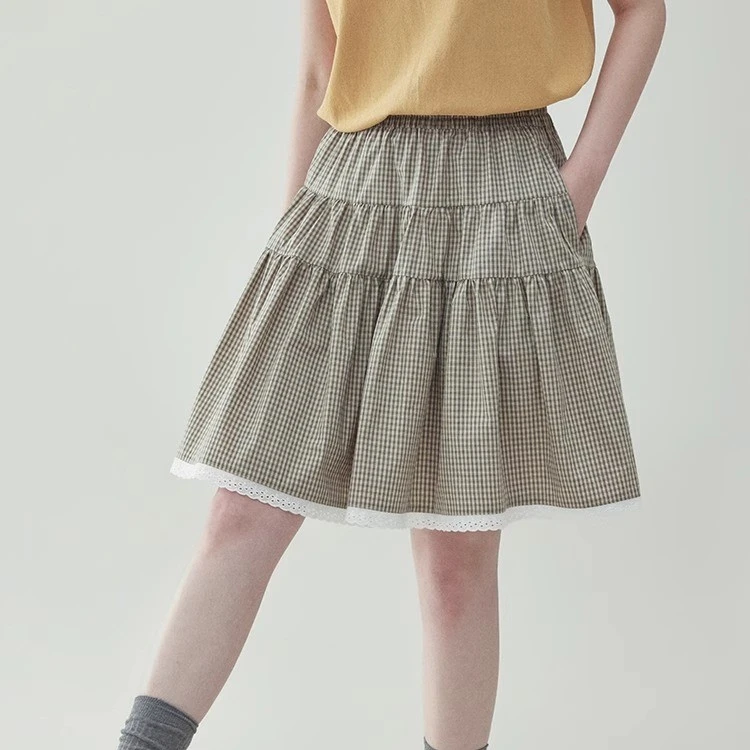 2025年小众设计感高腰新款纯棉撞色格纹蕾丝花边夏季女士短裙