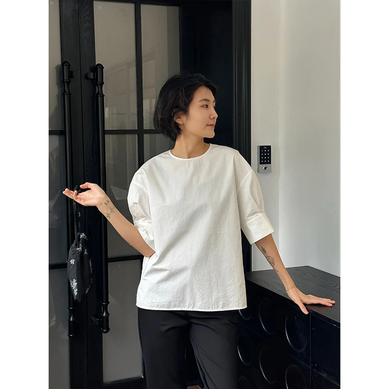 LANGQING 白色宽松纯棉设计感小众防晒简约棉衬衫42187#