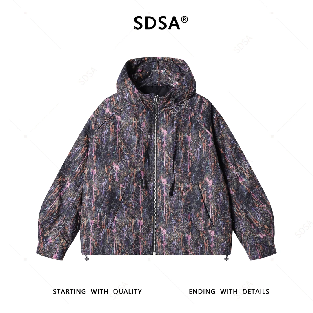 SDSA秋冬新款痞帅男装潮牌扎染拉链立领连帽羽绒服休闲百搭宽松