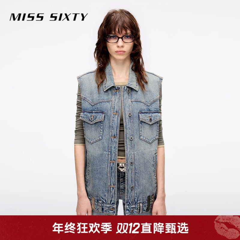 Miss Sixty2025夏季新款工装牛仔马甲女复古洗水多耳仔设计宽松