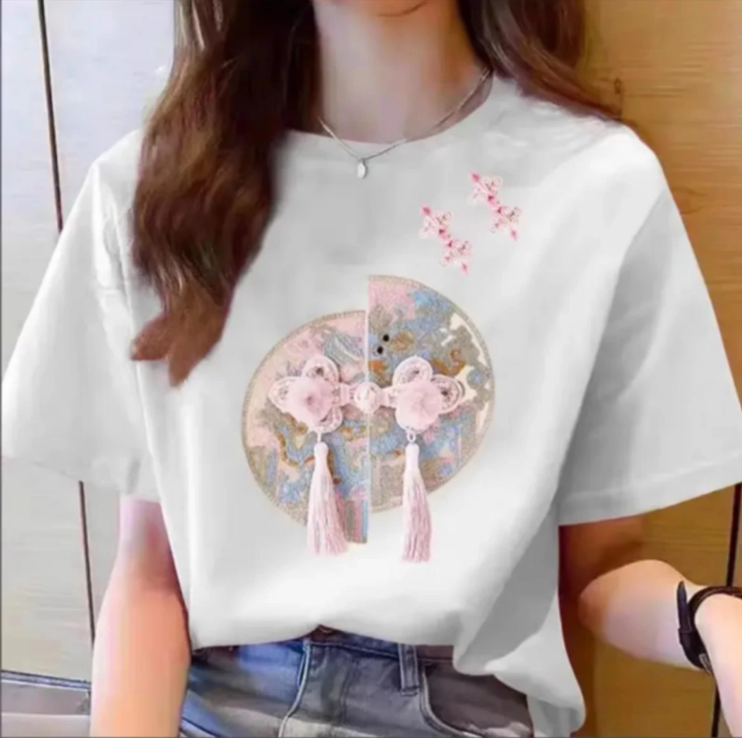 夏季时尚宽松印花潮流春夏卡通圆领设计感纯棉短袖-双结国风