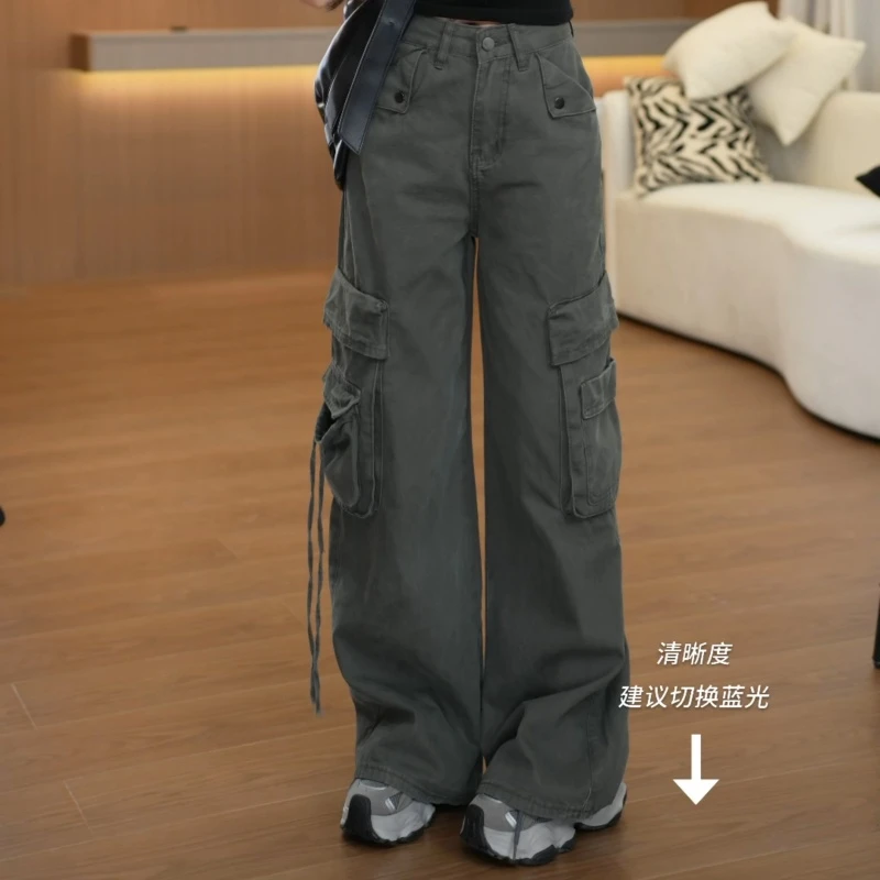 新款美式复古多口袋牛仔工装裤女宽松直筒拖地长裤LK2505291