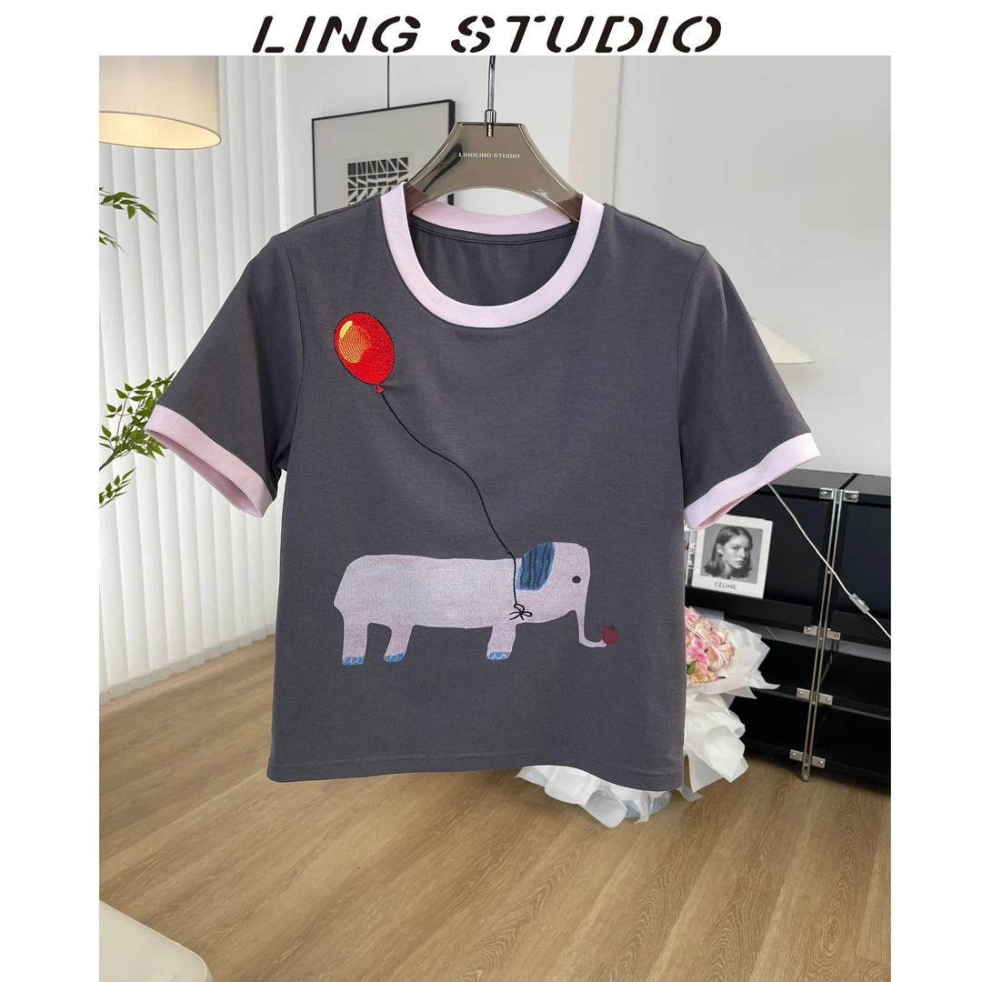 LING/STUDIO『泡泡象』夏季修身圆领刺绣卡通大象短袖T恤5052301