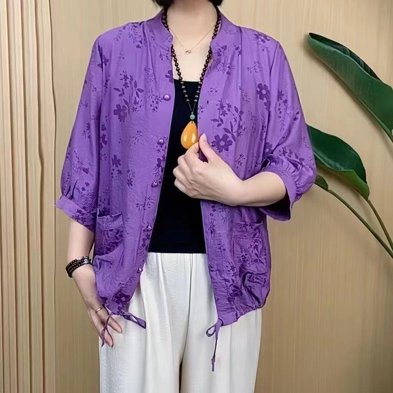 夏季新款七分袖立领开衫衬衣外套宽松显瘦