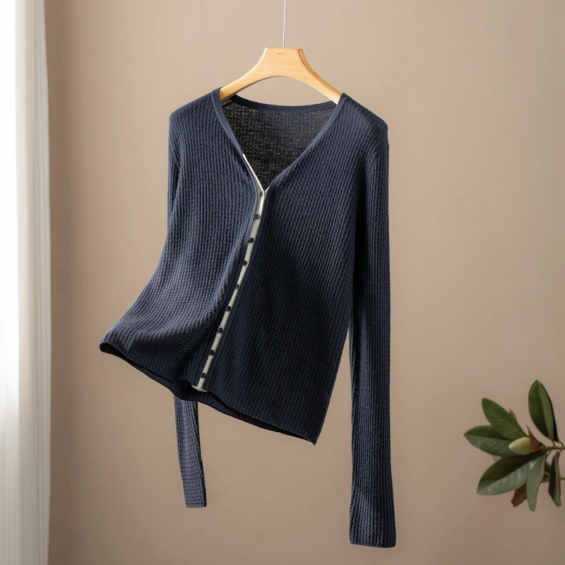 【精纺】100%纯山羊绒68支康赛妮立体绞花开衫外套显瘦长袖气质针织