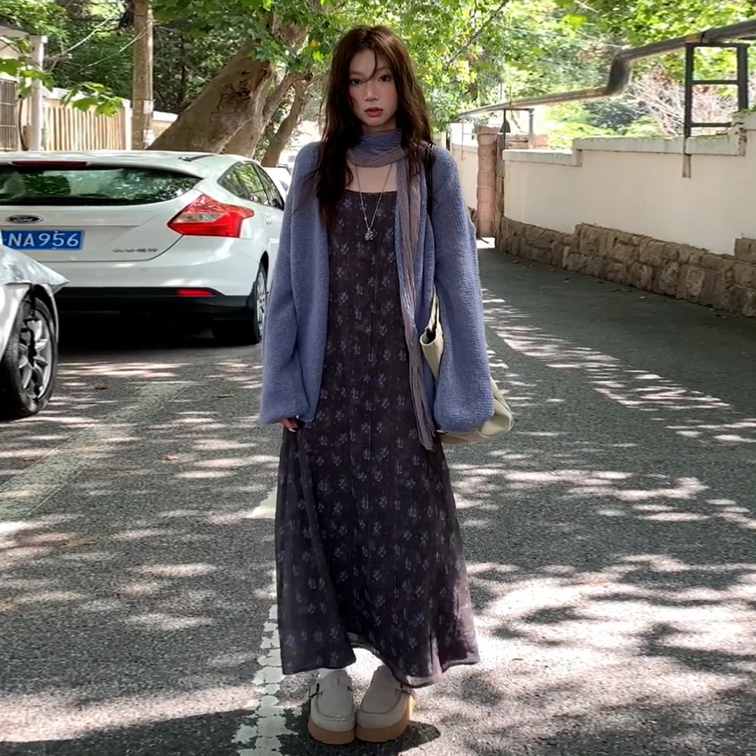 法式紫色碎花吊带连衣裙子女秋季2025新款毛衣高级感两件套装长裙