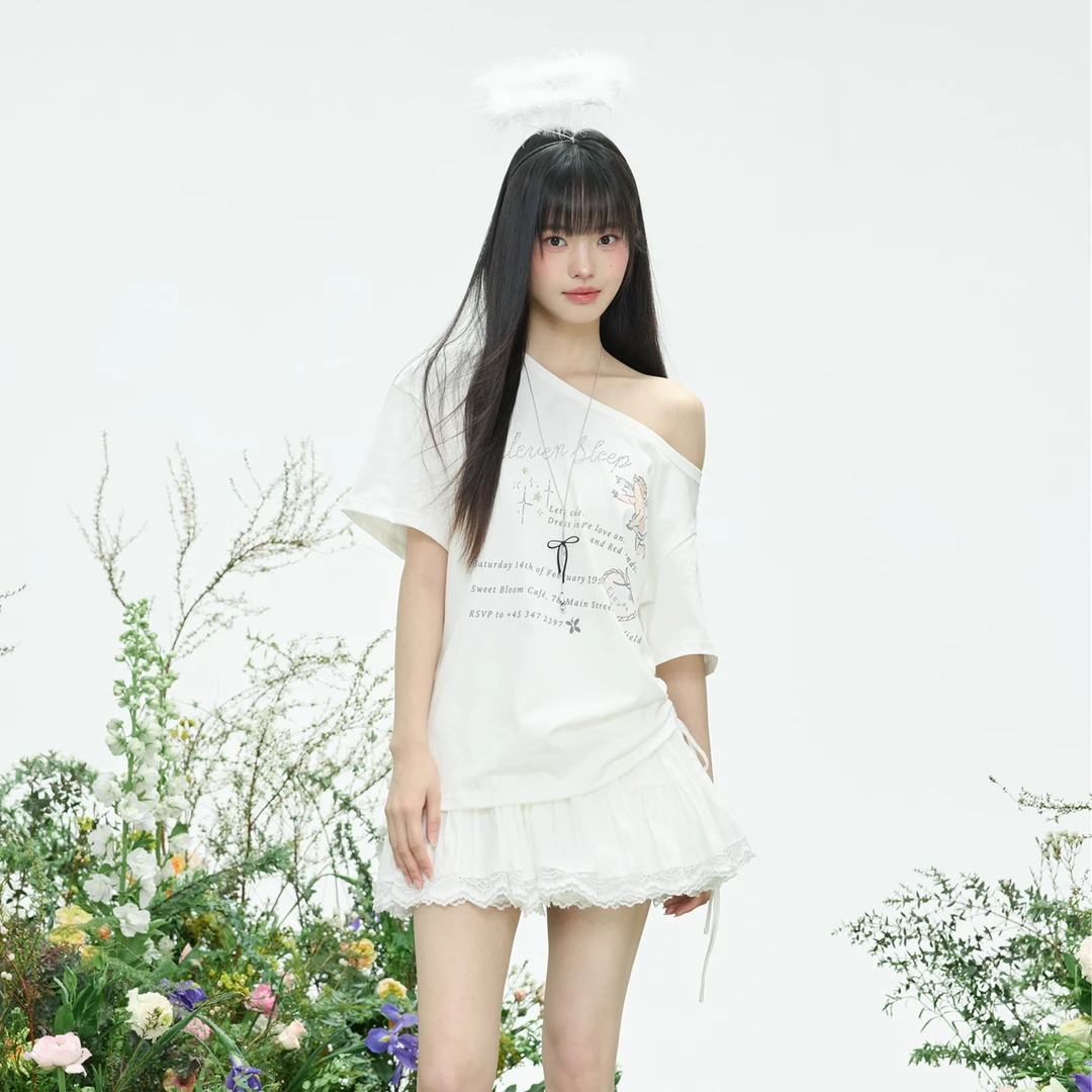 ELEVEN SLEEP夏季白色短袖t恤女透气印花斜肩小众原创百搭上衣