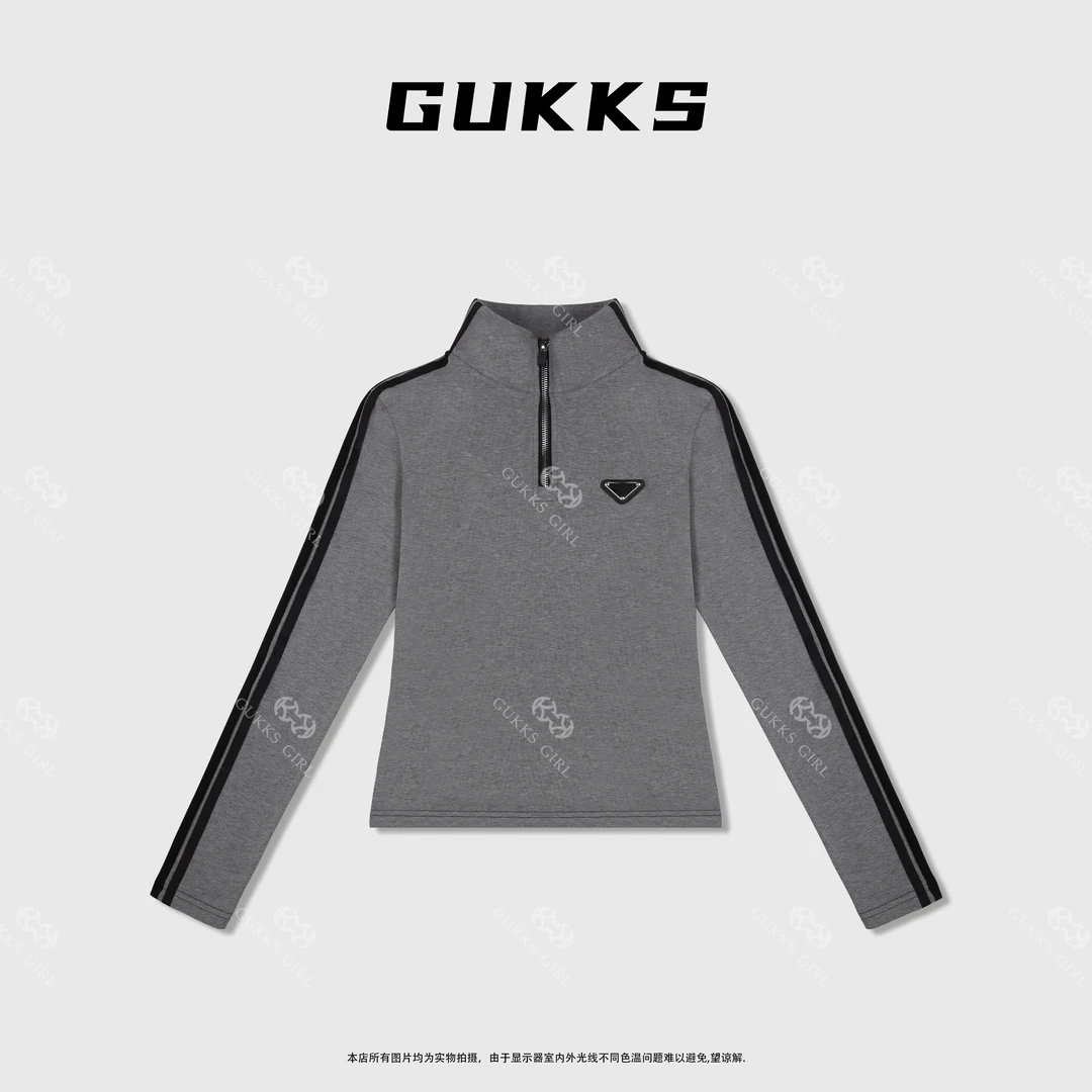娜娜GUKKS/2024新款半拉链织带修身显瘦长袖打底衫T恤秋冬厚款