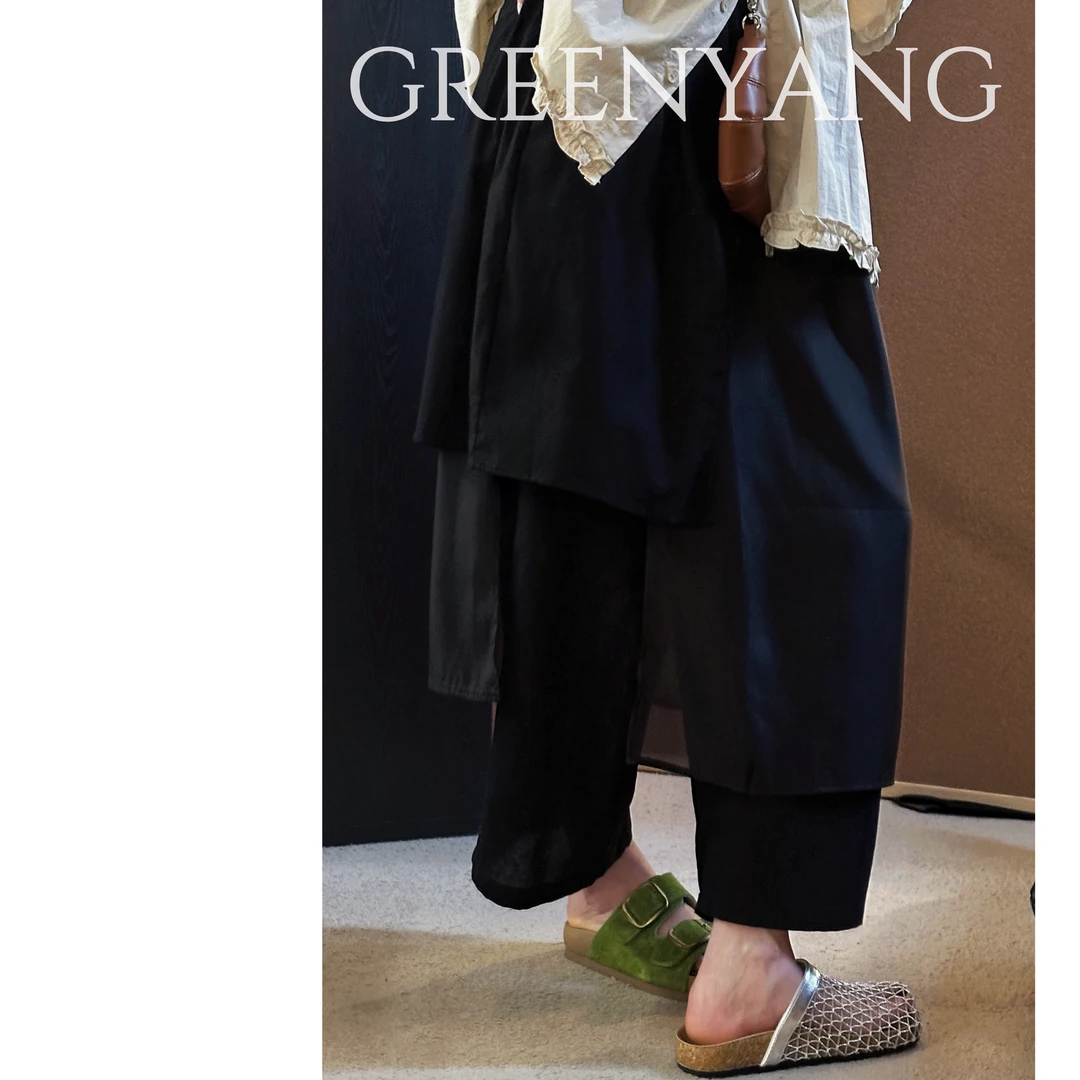 老羊家~韩版夏季黑色不规则拼接围裙裤假两件高腰显瘦休闲直筒裤