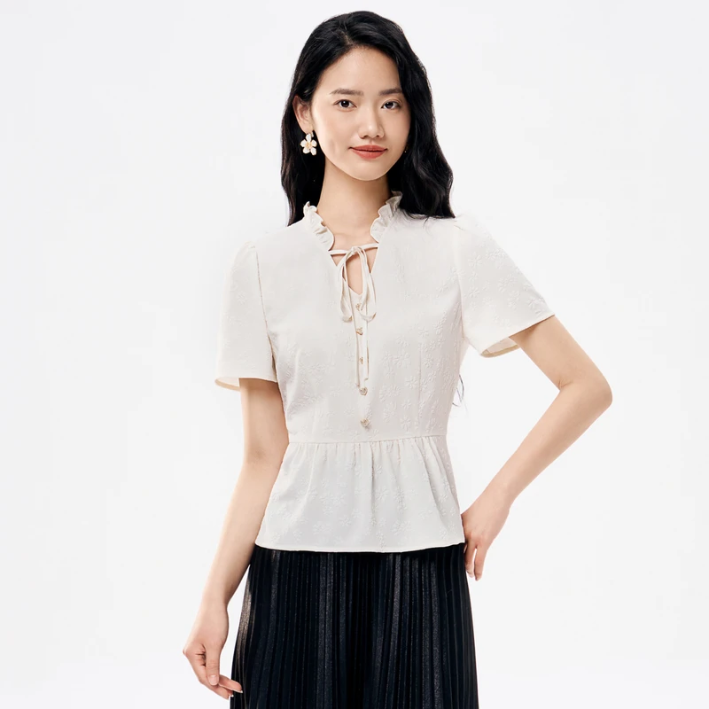 【商场同款】BuouBuou法式千金立体提花木耳边荷叶摆上衣女DLCA192