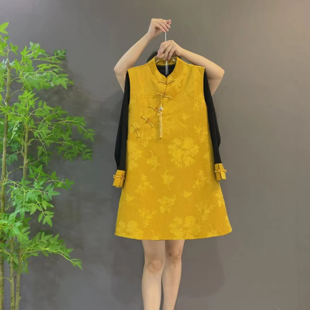 1192+93新中式复古国风提花气质无袖立领斜襟马甲裙+打底两件套