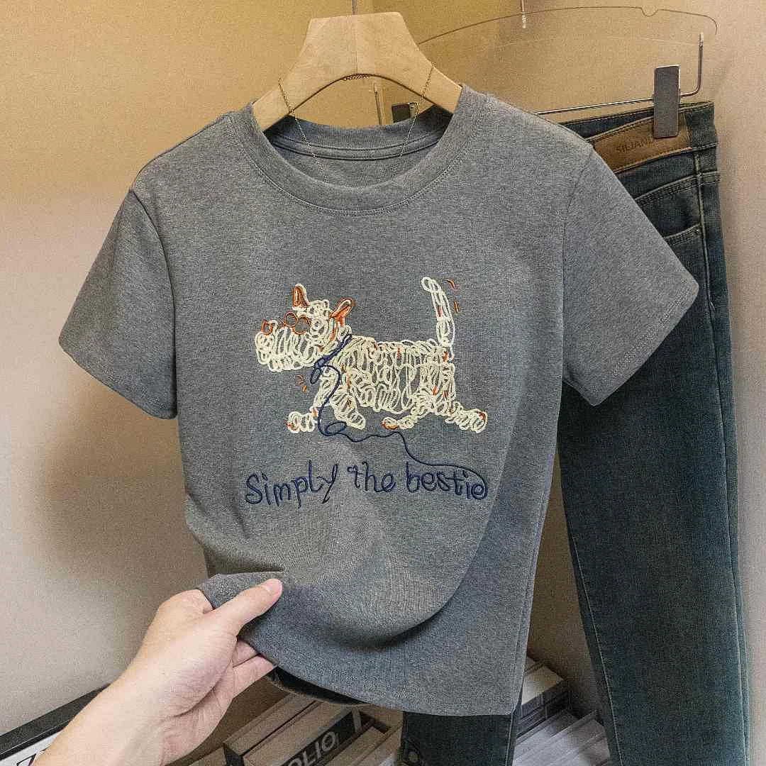 线条狗绣花爆款2025新款女款显瘦正肩短袖t恤女夏季洋气百搭上衣