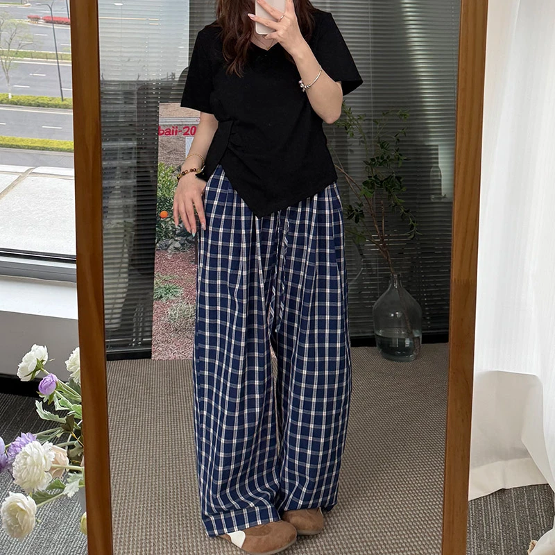 2025新款上新微胖MM带腰绳格子阔腿裤大码女装5758