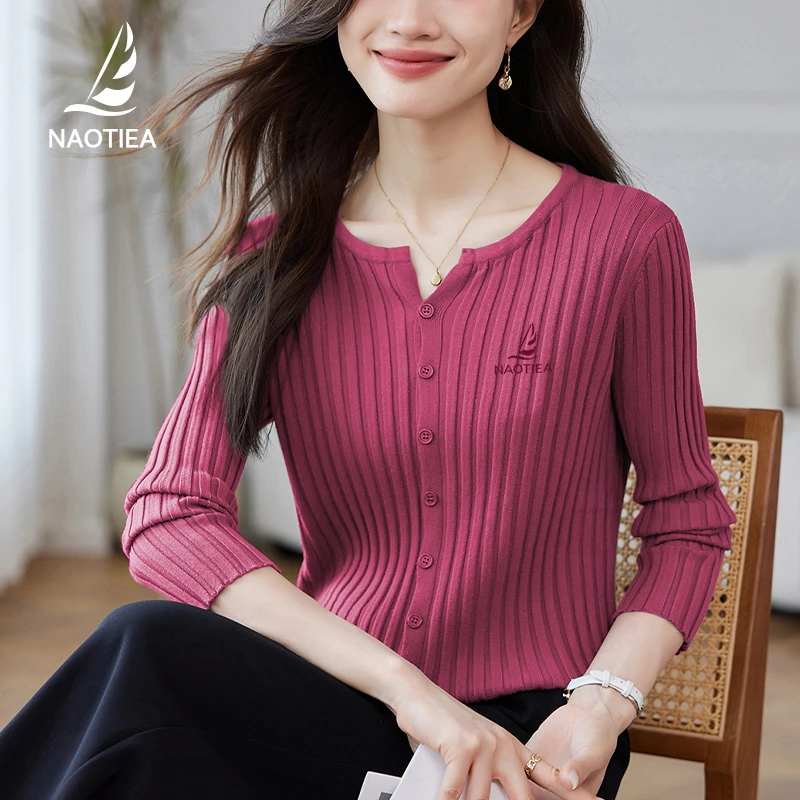 纳奥蒂尔小帆船V领长袖针织开衫上衣女2025春秋新款大码宽松外套