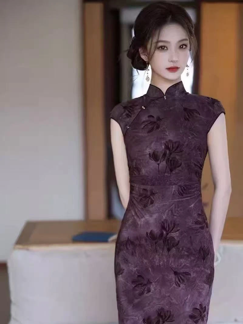 ZD【婉清】春夏新款紫色旗袍复古港风修身显瘦日常可穿温婉气质连衣