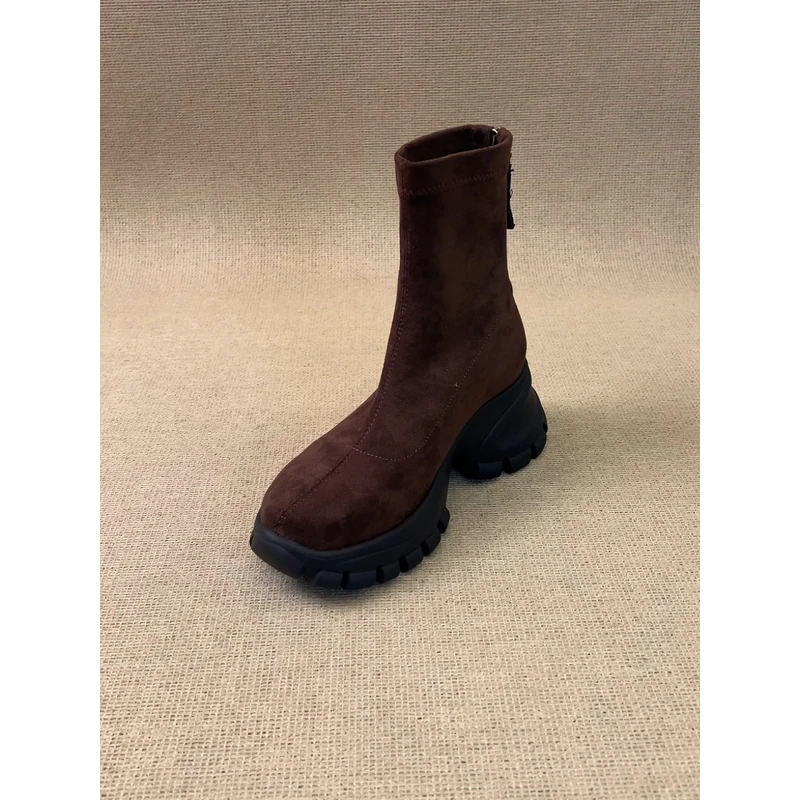 nnmiss·34-40/7cm小个子运动厚底短靴简约复古圆头绒面弹力瘦瘦靴