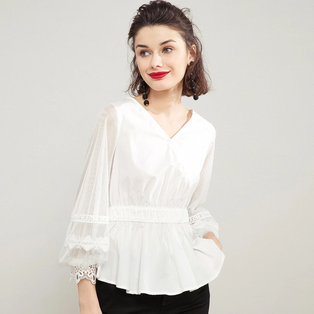 白鹿语V领收腰荷叶边衬衫春秋季甜美网纱拼接灯笼袖衬衣女BY30446