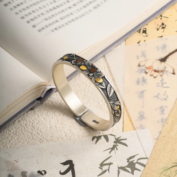 足银手镯 茉莉花丨小清新纯手工錾刻茉莉山水画52g