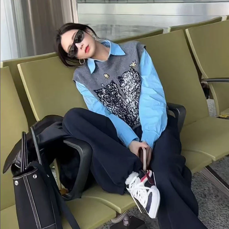 LYXZ x 大小与【假两件】冬季新款拼色衬GAN2只猫针织衫75831