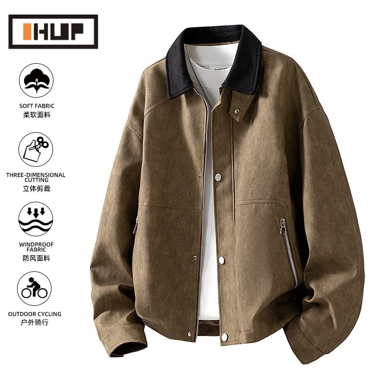 咖啡色巴恩风外套男春秋季美式复古底特律工装复古大码PU皮夹克