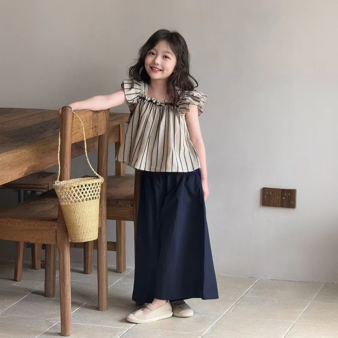 套头薄款女童常规韩版夏季条纹连衣裙气质时尚女童夏装套装