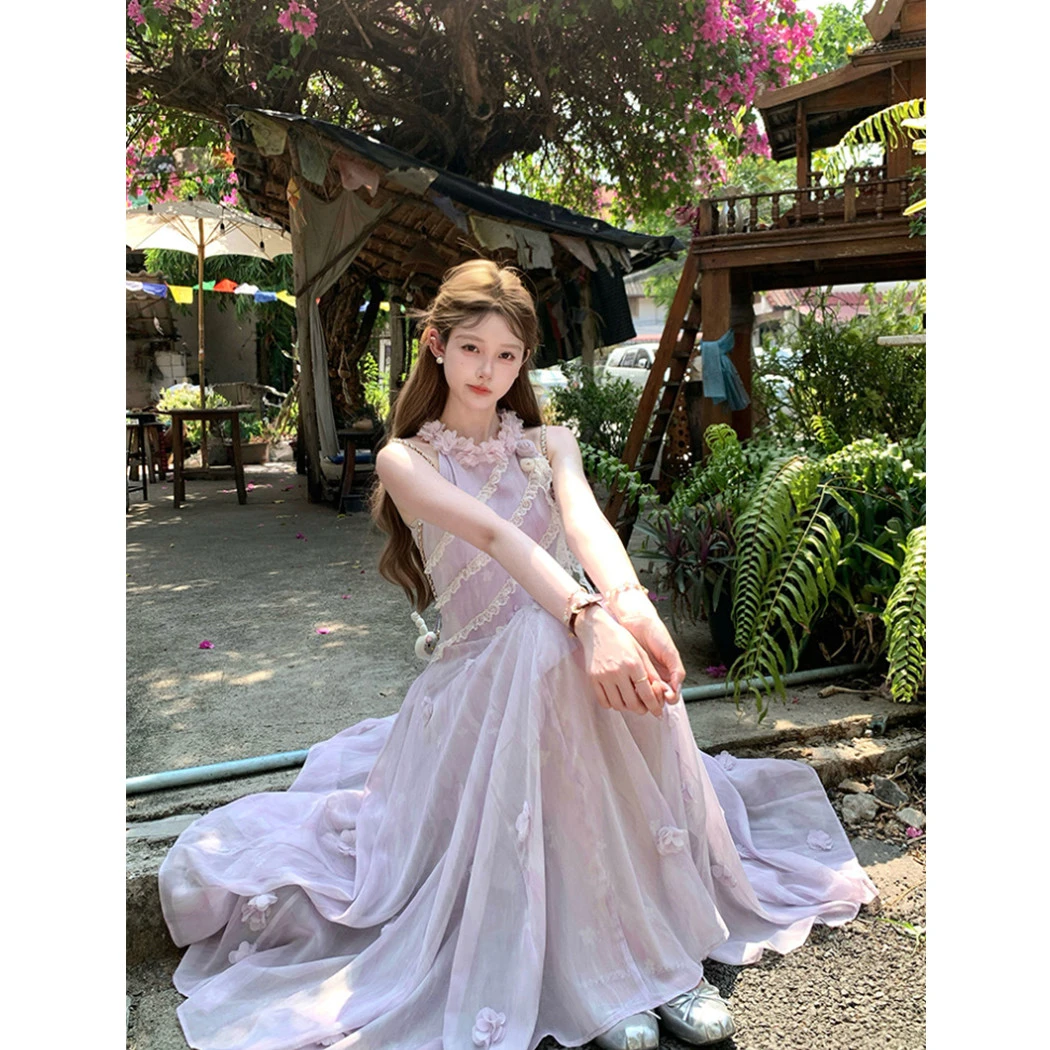 鸢尾花颂 夏季仙气甜美显瘦收腰长裙温柔气质立体花挂脖连衣裙