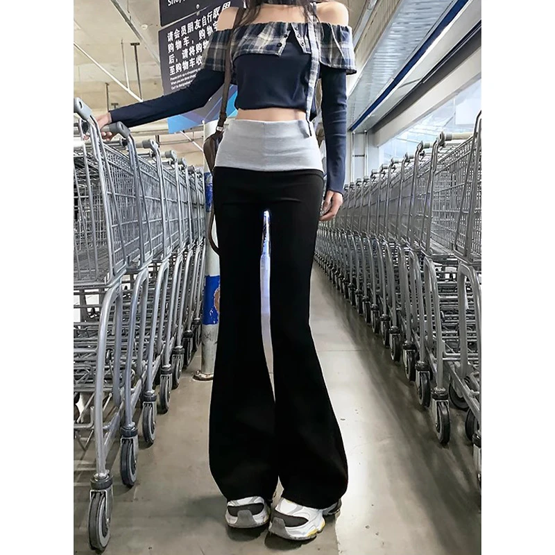 黑色撞色拼接微喇运动裤女春秋2025新款高腰显瘦修身休闲喇叭卫裤