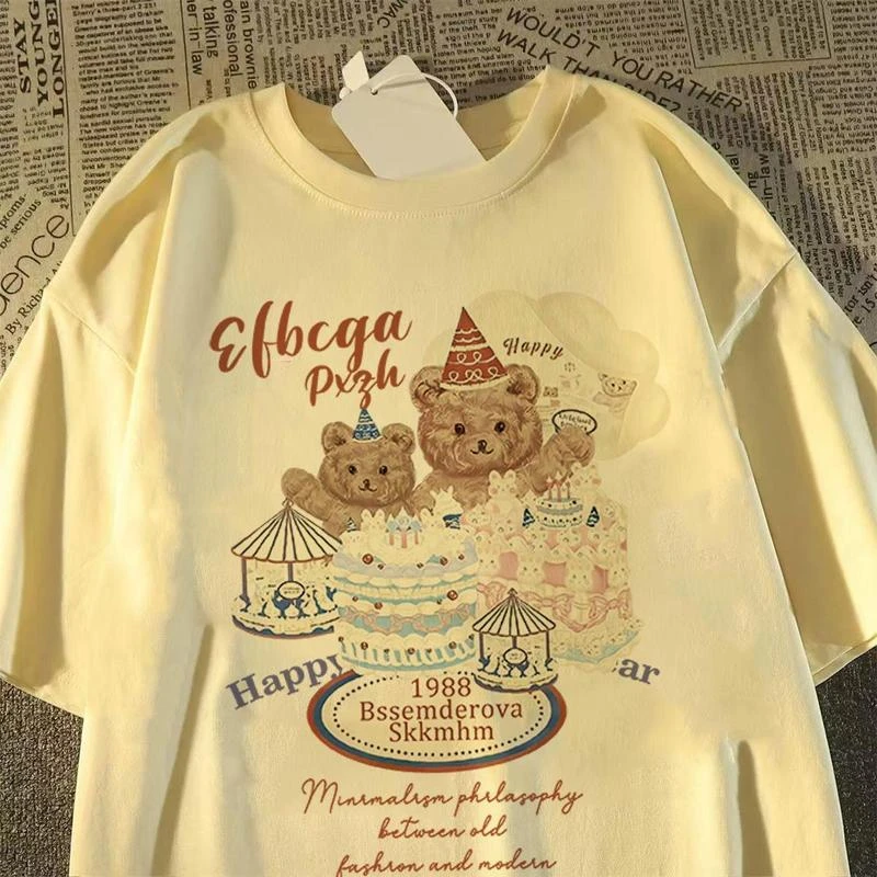 纯棉日系可爱小熊生日蛋糕短袖大码t恤男女夏oversize甜酷ins上衣