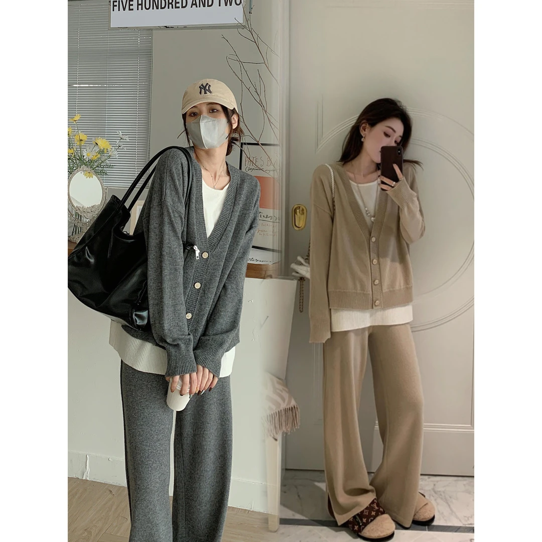 Y374#9.11孕妇2023新款假两件拼接针织秋冬显瘦慵懒温柔风套装L